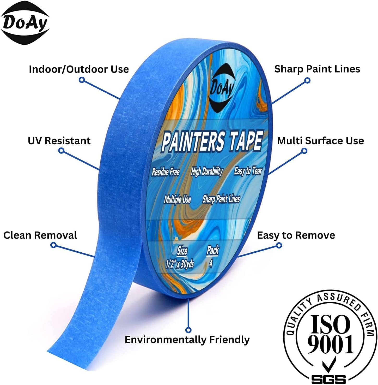 DOAY 4 Pack Blue Painters Tape - Masking Tape 0.50 Inch Wide - Multi-Surface, Smart Adhesion, Indoor & Outdoor - 360FT Total - Paint Tape for DIY, Labeling, Art, Car, General Purpose (#3910)