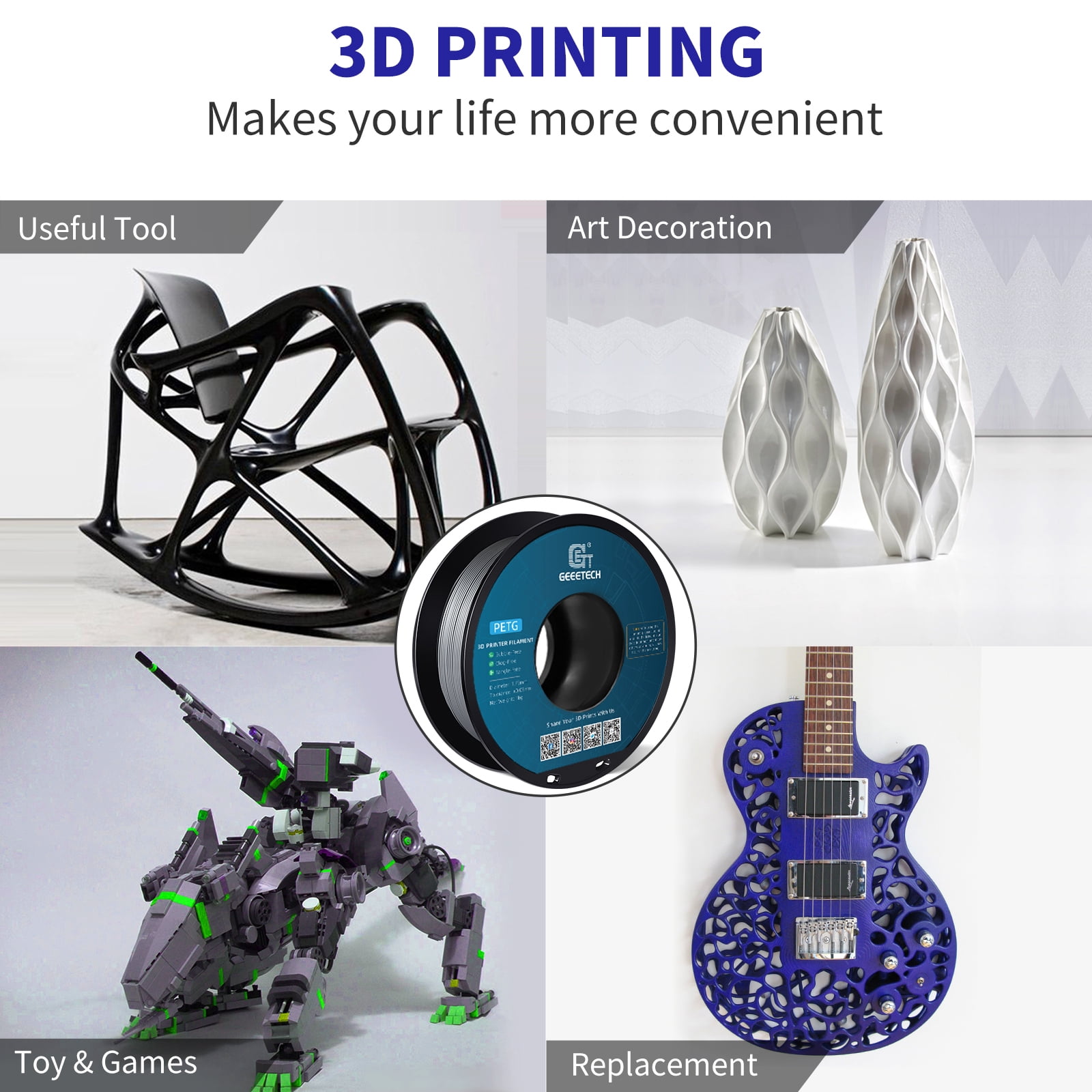 GEEETECH Grey PETG Filament 1.75mm, Upgrade Stronger Toughness Printing Consumables, 10kg (22 lbs) Spool Fit Most FDM 3D Printer