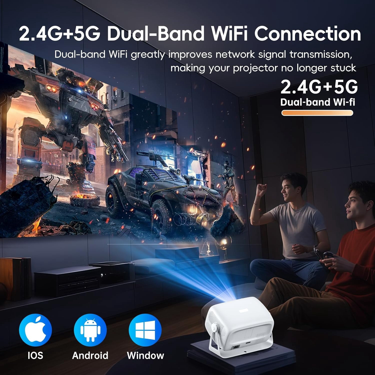[Electric Focus& Auto Keystone] Portable 1080P Projector Lightweight with Built-in Smart TV OS Bluetooth WIFI 180 ° Rotation Compatible with TV Stick/Game Console/Smartphone/Laptop