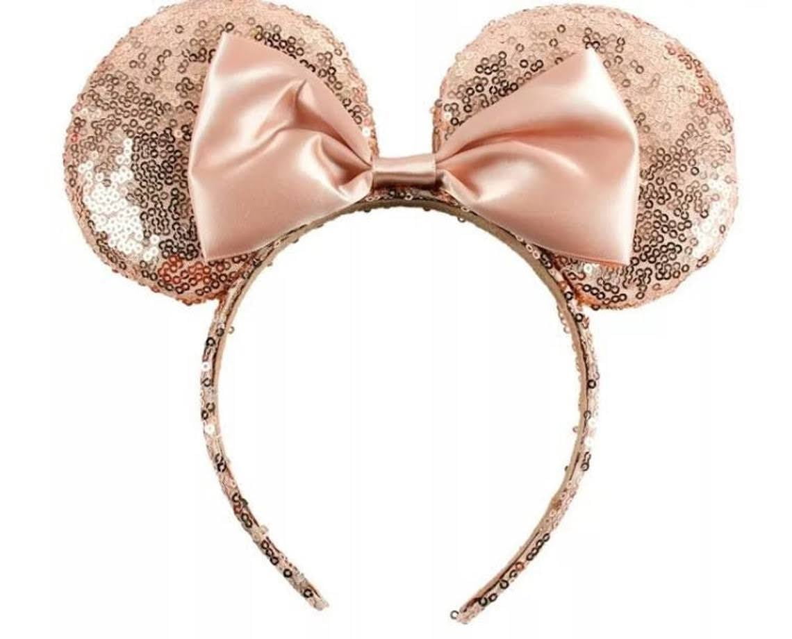 Rose Gold Disney Minnie Mouse Sequin Ear Headband with Bow 