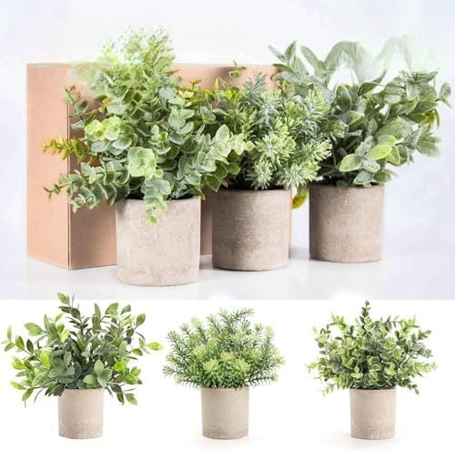 3 Pack Mini Potted Fake Plants Artificial Plastic Eucalyptus Plants Topiaries for Home Office Desk Farmhouse Shelf Room Bathroom Decor(Sage Green)