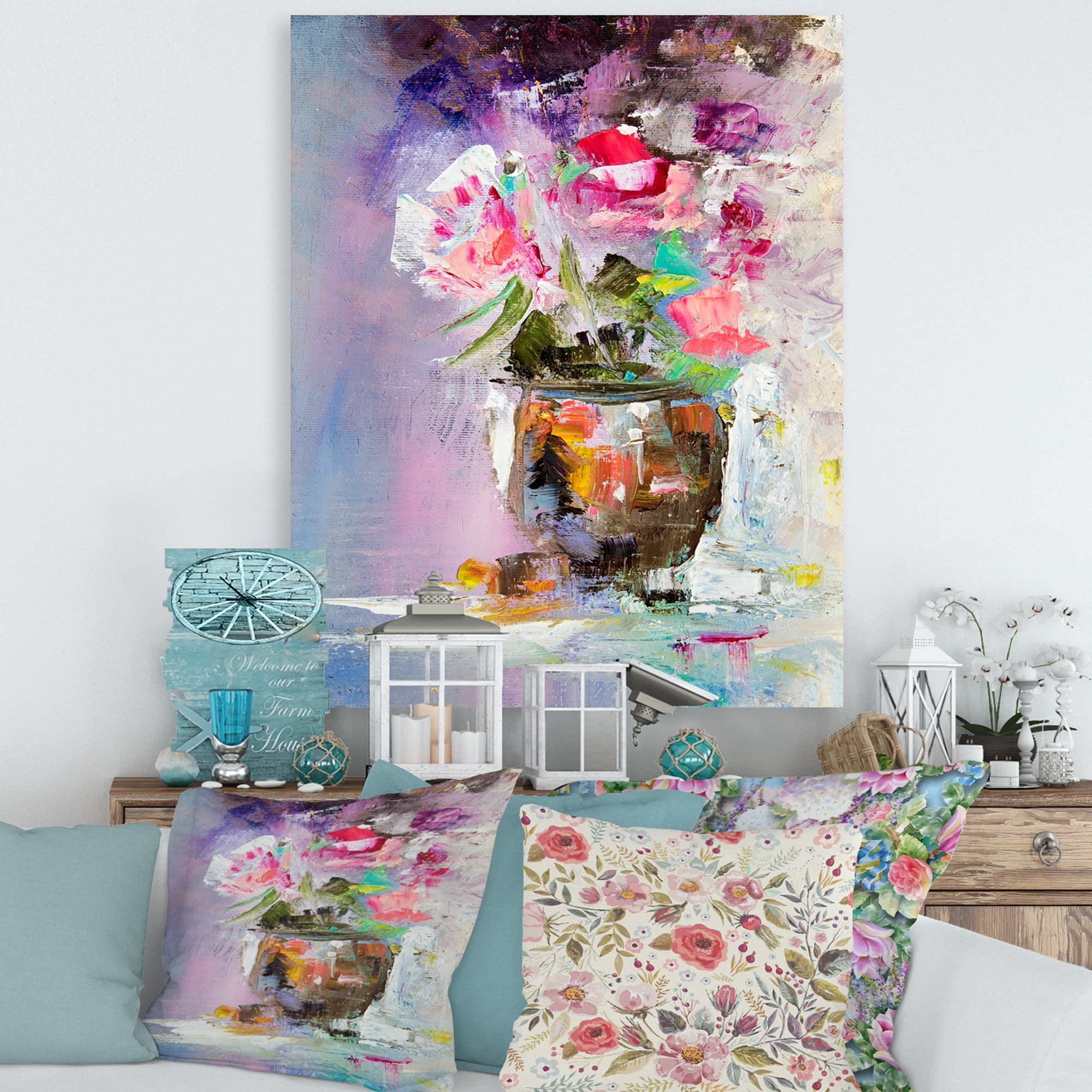 Designart ' Pink Fresh Abstract Flowers Bouquet in Vase ' Modern Canvas Wall Art Print