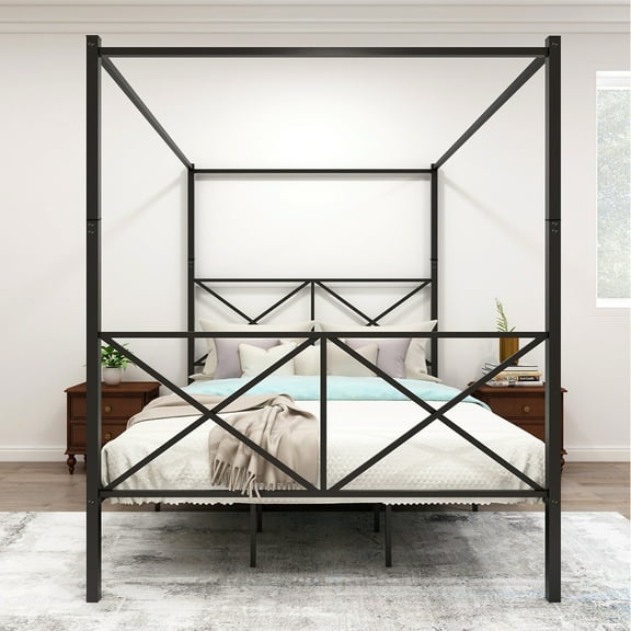 Metal Canopy Bed Frame, Platform Bed Frame Queen with X Shaped Frame Queen Black