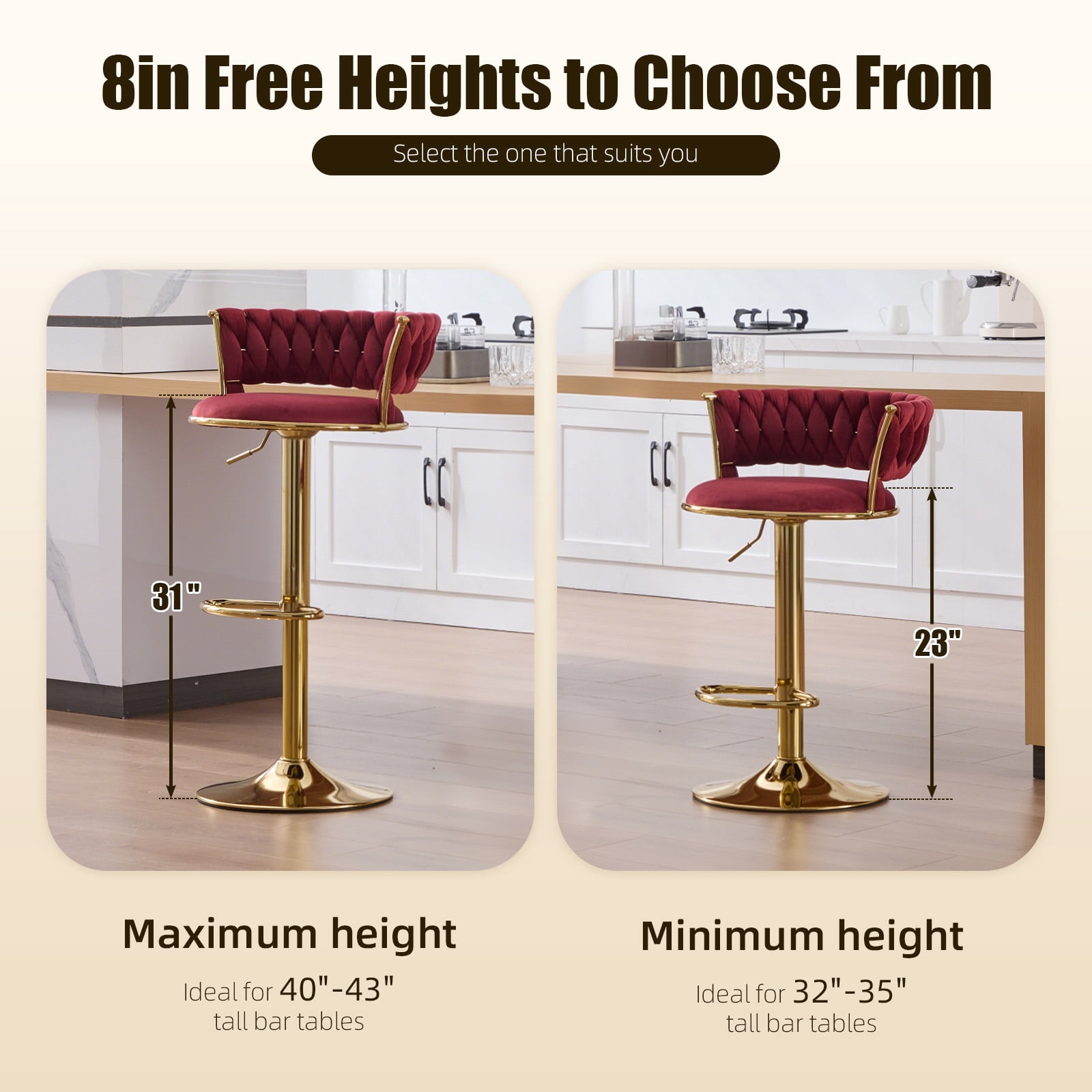 MOONMISS Bar Stools Set of 2, Adjustable Swivel Barstools, Velvet Counter Height Bar Chair with Back and Footrest for Kitchen Island Dining Room Café Pub,Wine Red