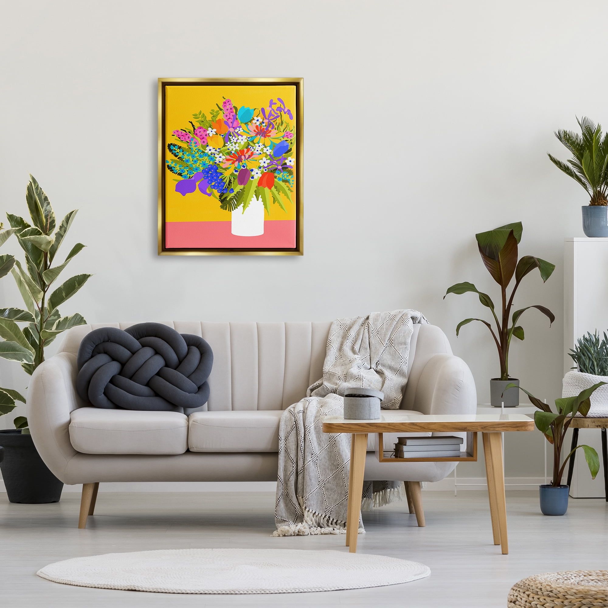 Stupell Industries Bouquet on Yellow Botanical & Floral Painting Gold Floater Framed Canvas Art Print Wall Art, 25 x 31