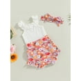 thumbnail image 3 of Wassery Baby Infant Girls Summer Outfits Sleeveless  Ruffle Hanging Neck Tops with Floral Casual Elastic Ruffle Shorts and Headband 3Pcs Set 0-18M, 3 of 9