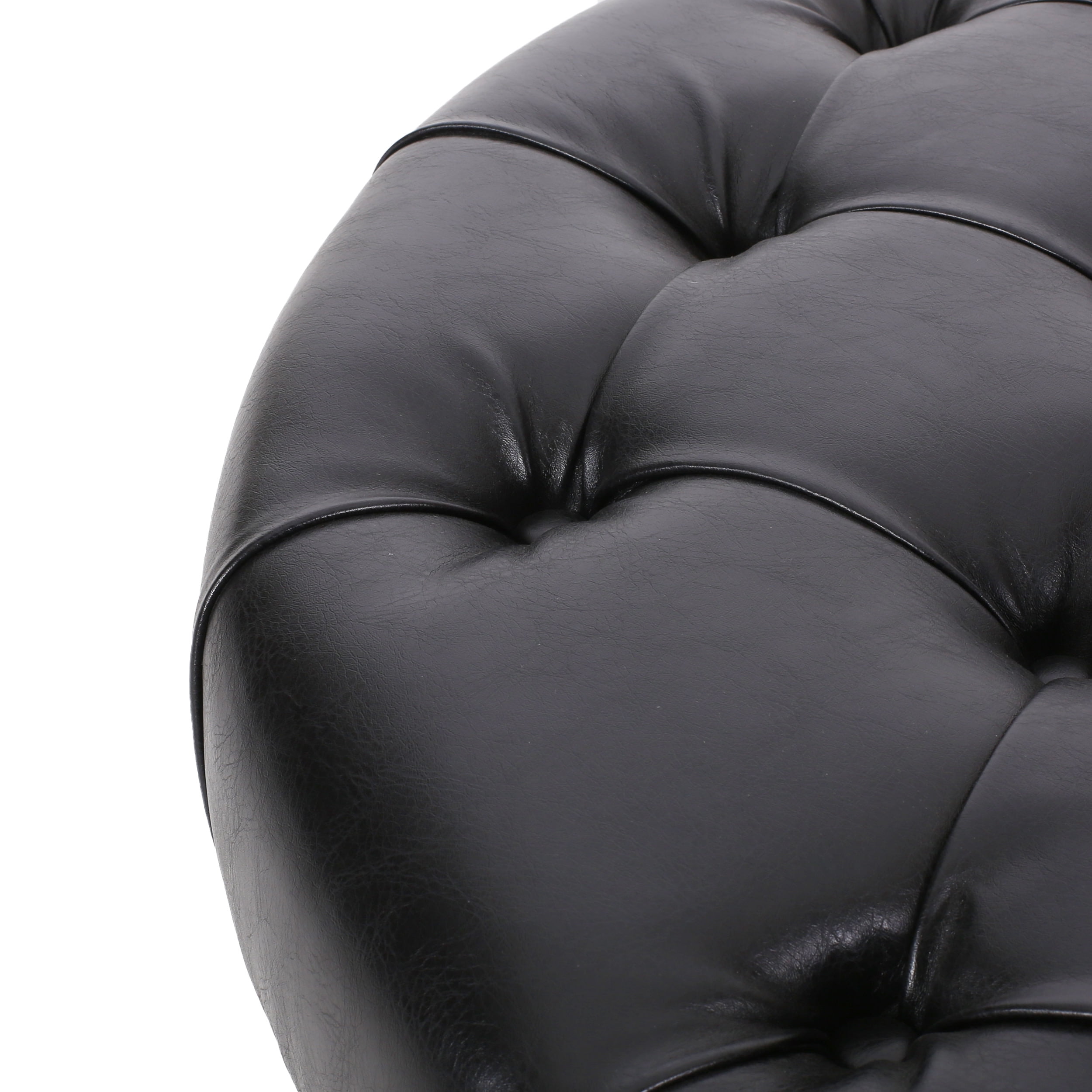Noble House Aldrich Faux Leather and Wood Tufted Round Ottoman with Open Shelf, Midnight Black and Espresso