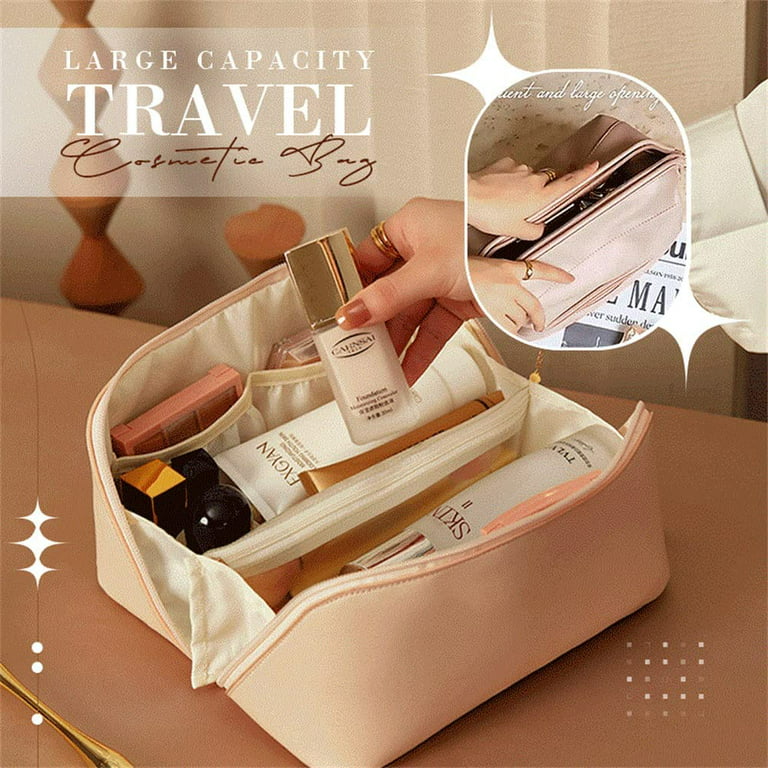 Large Capacity Travel Cosmetic Bag, Multifunctional Storage Makeup Bag PU  Leather Makeup Bag with Handle and Divider Travel Cosmetic Bag for Women  Bathroom Toiletry Bag(White) 