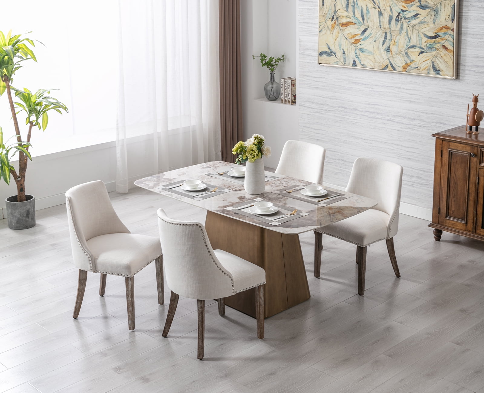 Guyou Dining Chairs Set of 2, Mid Century Modern Linen Upholstered Farmhouse Side Chairs with Nailhead and High Back for Kitchen Restaurant, Cream
