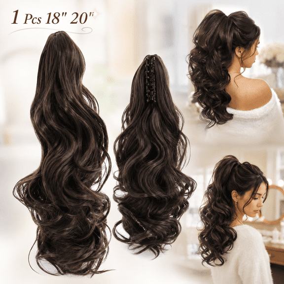 SIISLL Ponytail Extension Claw 18" 20" Curly Wavy Straight Clip in Hairpiece One Piece A Jaw Long Pony Tails for Women Dark Brown 1 Pcs