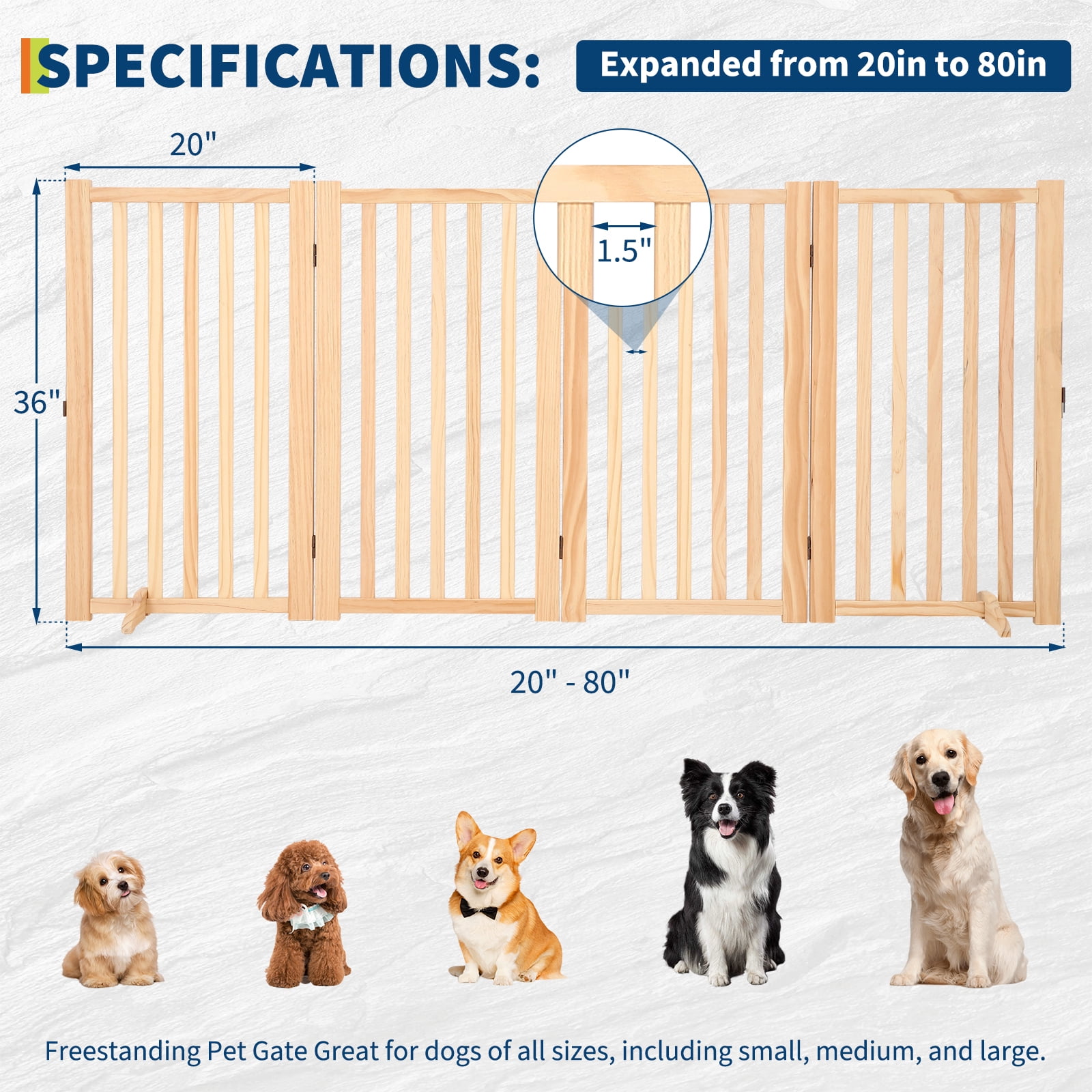 Freestanding Pet Gate, Wooden Dog Fence with 2 Support Feet, Collapsible Dog Gate for Indoor, Stairs, Doorway, Hall, Kitchen, Step-Over Safety Pet Barrier, Paint-Free, 4 Panel H:36"