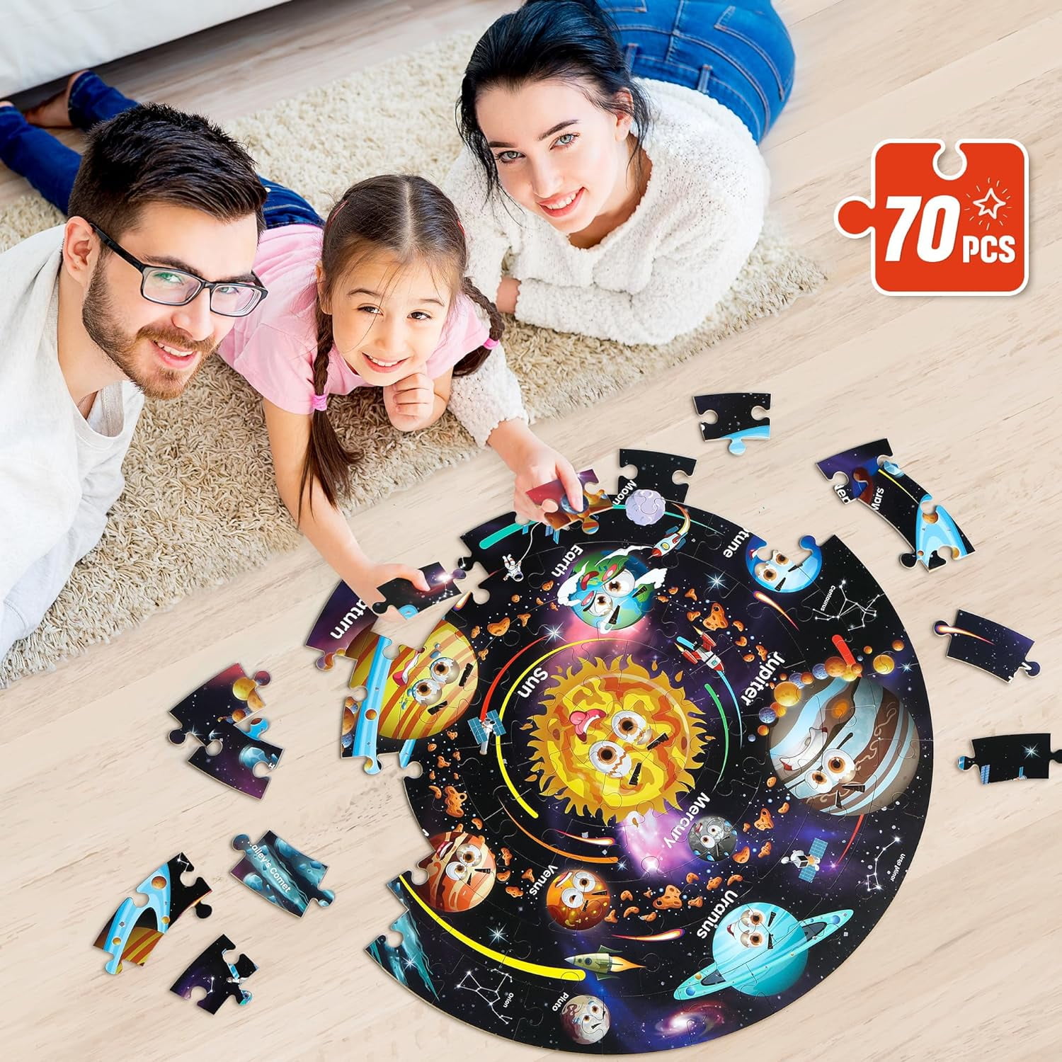 SYNARRY Solar System Floor Puzzle for Kids Age 3-8, 70-Piece Large Wooden Jigsaw Puzzle Set, FSC Certified Educational Puzzles