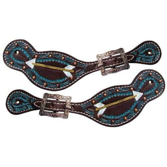 Showman Ladies Dark Brown Leather Spur Straps w/ Painted Turquoise Arrow Design