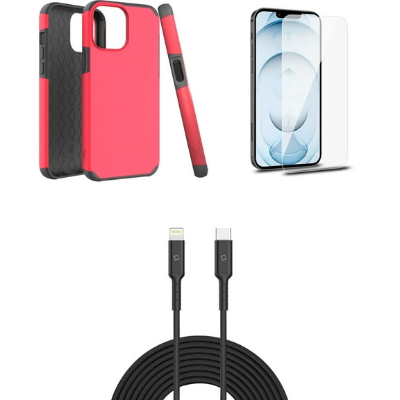 Bemz iPhone 13 Pro Max Bundle: Dual Layer Shockproof Protection Case, Glass Screen Protectors (2-Pack), USB-C to Lightning Cable (3.3ft/1m) and Touch Tool Keychain - Flame Red