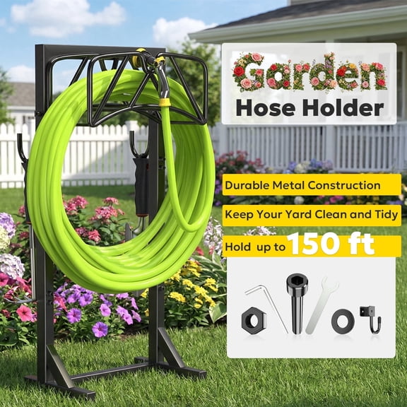 Garden Hose Holder, Heavy Duty Freestanding Hose Hanger Holds 150ft Hose, Outdoor Detachable Metal Water Hose Holder Stand Rack for Yard Lawn