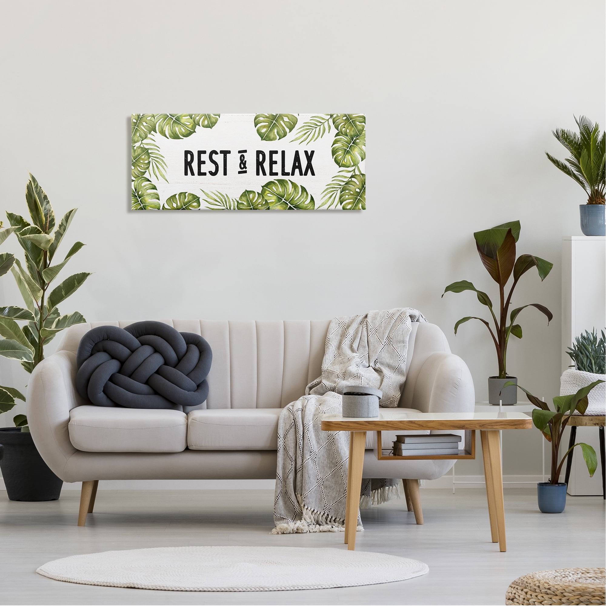 Stupell Industries Rest & Relax Tropical Monstera Plants Leaves Typography Canvas Wall Art, 40 x 17, Design by Daphne Polselli