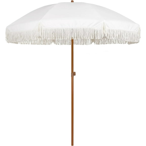 7ft Patio Umbrella with Fringe Outdoor Tassel Umbrella UPF50 Premium Steel Pole and Ribs Push Button Tilt, Cream White