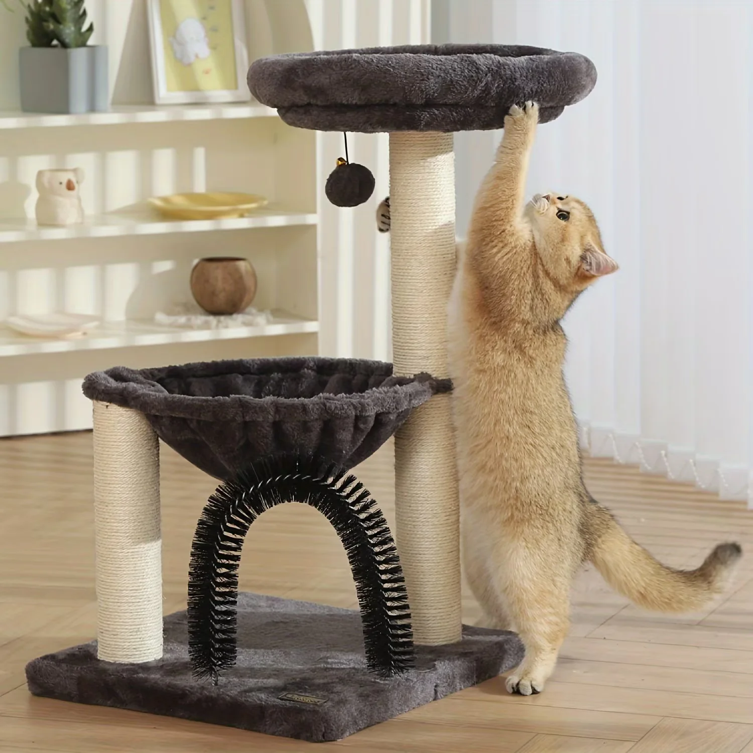 FluffyDream Small Cat Tree Tower for Indoor Cats, 5-in-1 27.8" Multi-Level Cat Tree with Scratching Posts, Plush Hammock, Perch, Self Groomer Brush, Dangling Ball for Kittens/Small Cats Play &Rest