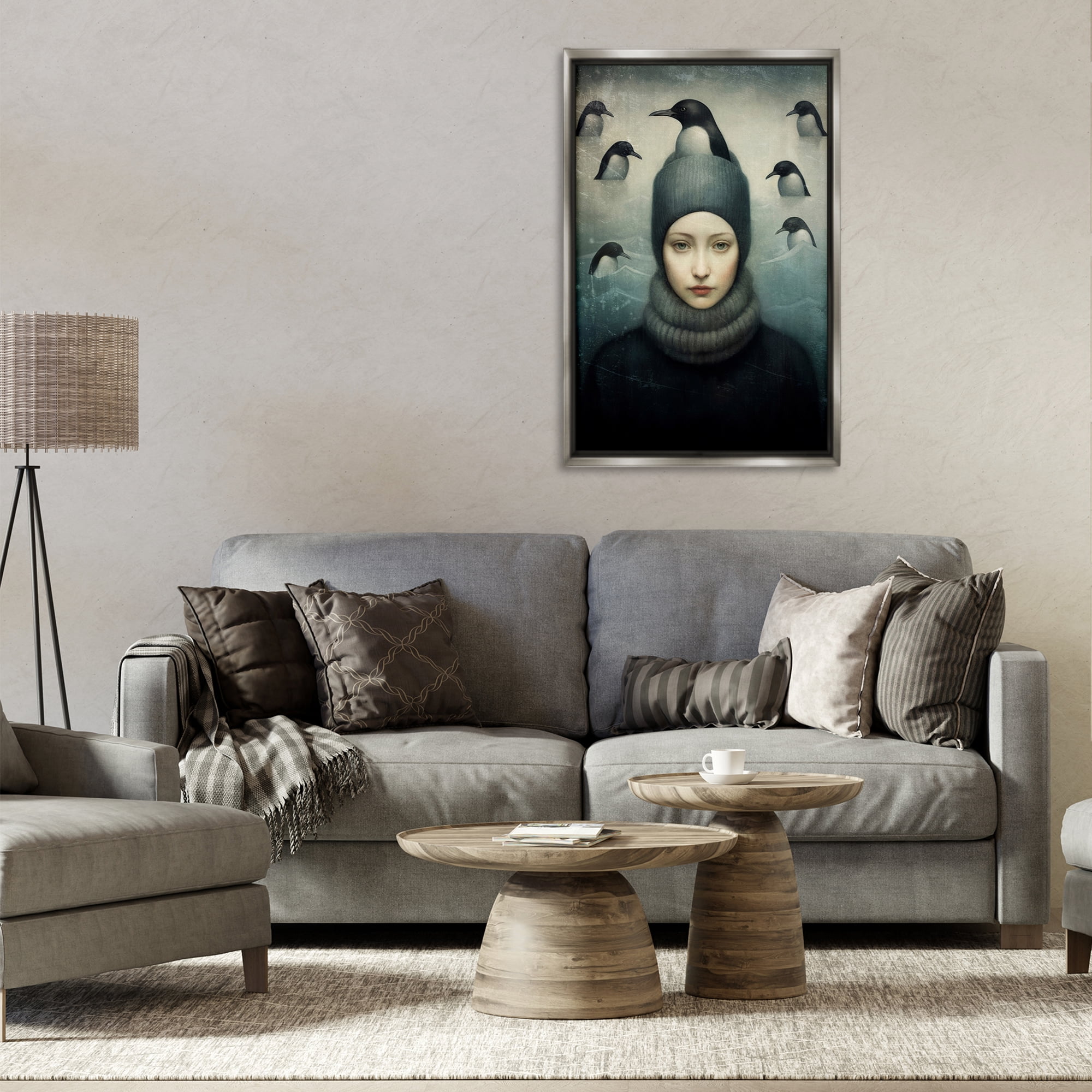 Stupell Industries Peeking Penguins & Woman People Painting Gray Floater Framed Canvas Art Print Wall Art, 21 x 31