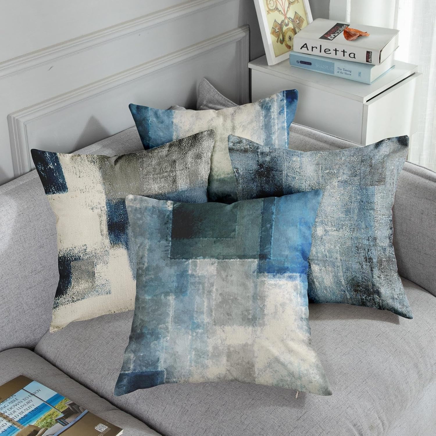 Set of 4 Throw Pillow Covers 20x20 Inch Blue and Grey White Artwork Contemporary Decorative Gray Cushion Cases for Sofa Bedroom Car Decor Add an Elegant Touch with Modern Artistic Design