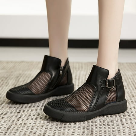 

Cathalem Lace up Boots for Women Heel Retro Women Hollow Mesh Comfortable Flat Buckle Strap Short Booties Round Toe Shoes Shoes Black 7