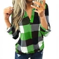 thumbnail image 2 of Turilly Long Sleeve Women Casual Roll Up Long Sleeve V-Neck Plaid Shirt Slim Top Long, 2 of 9