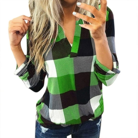 Valentine's Day Juebong Long Sleeve Women Casual Roll Up Long Sleeve V Neck Plaid Shirt Slim Top Long,Green,XXXXXL