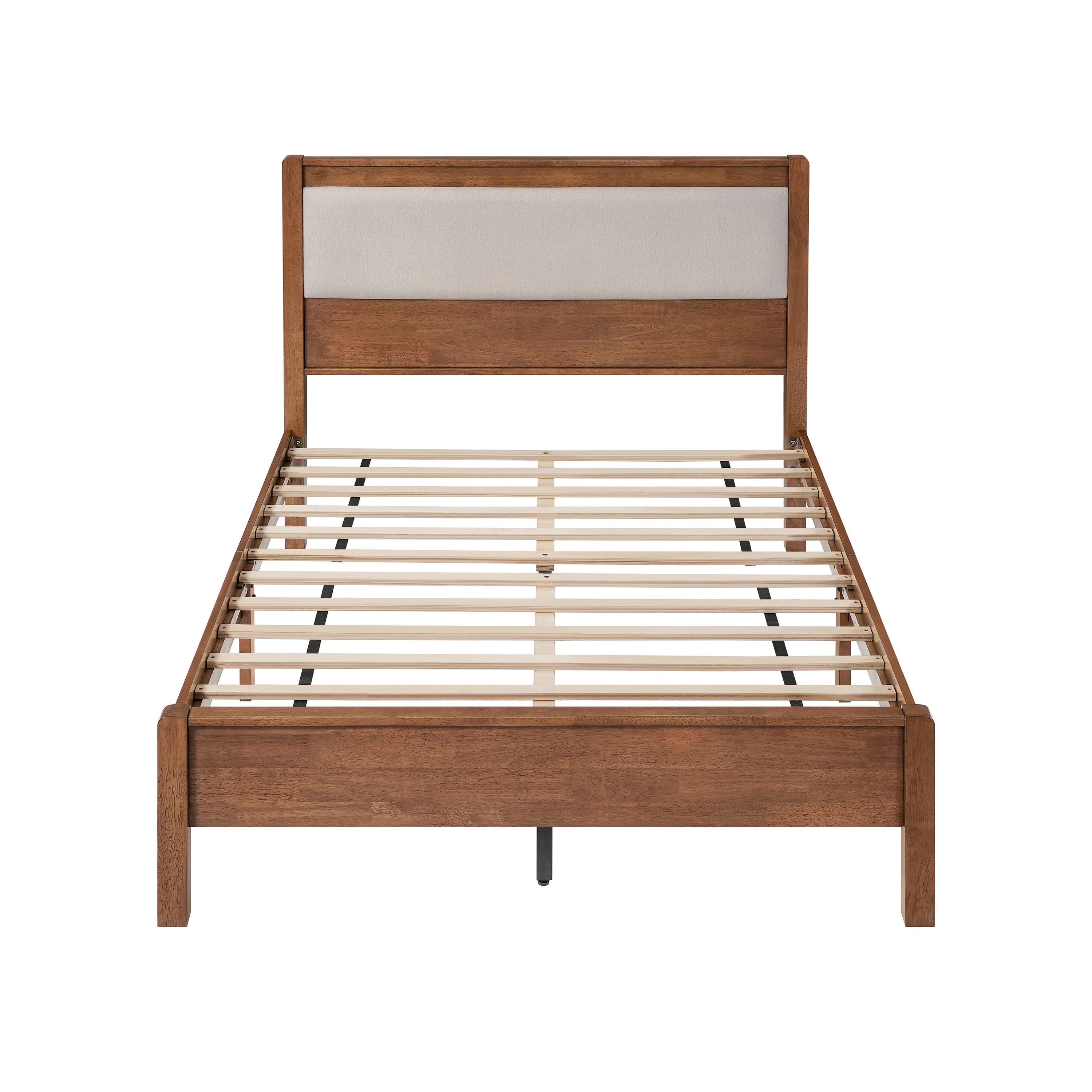 Miniyam Full Rubberwood Platform Bed Frame with Padded Upholstered Headboard, Brown