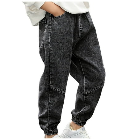 HADST Toddler Kid Boy Elastic Mid Waist Jeans - Washed Full Length Straight Denim Pants with Pockets