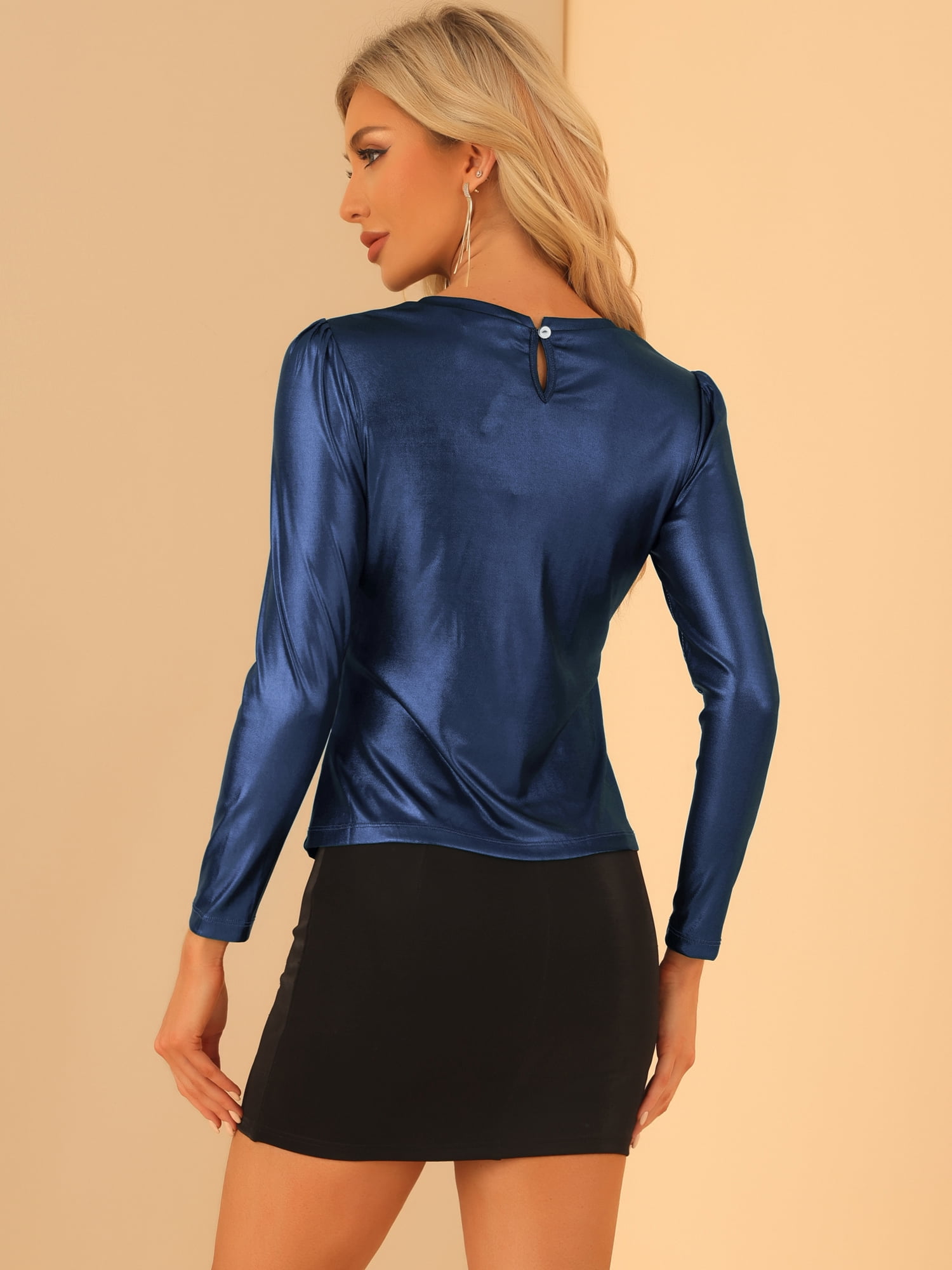 DARING DIVA Party Club Glitter Long Sleeve Metallic Shiny Top M Navy Blue