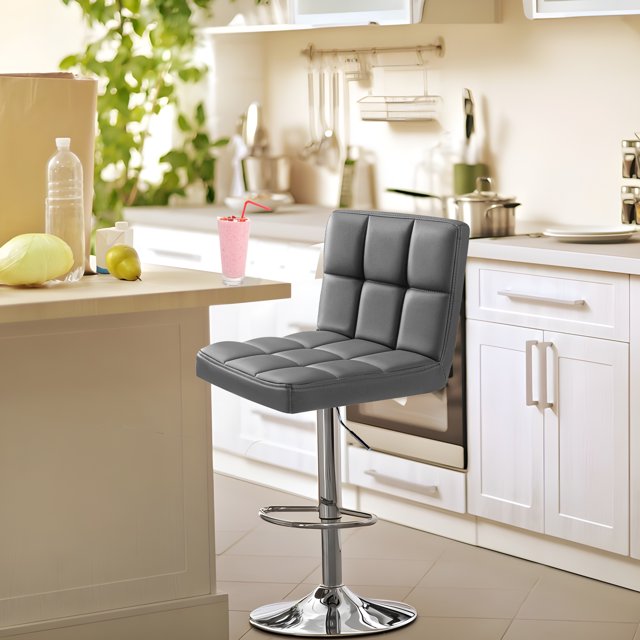 ViscoLogic Liberty Set of 2 PU Leather Swivel Ergonomic Counter Height Adjustable Hydraulic Bar Stools, Kitchen Stools, Gray