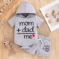 thumbnail image 2 of mgoYE Infant Baby Boy Summer Clothes Mom Dad Me Letter Print Short Sleeve Hooded Tops Drawstring Shorts Toddler Baby Boy Outfit 3 6 12 18 24 Months 3T(Grey,9-12 Months), 2 of 5
