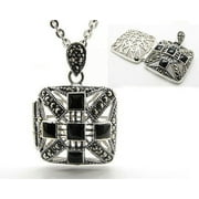 Genuine Marcasite and Black Onyx Square Sterling Silver Aromatherapy Scent Locket Pendant with 20" Cable Chain Necklace