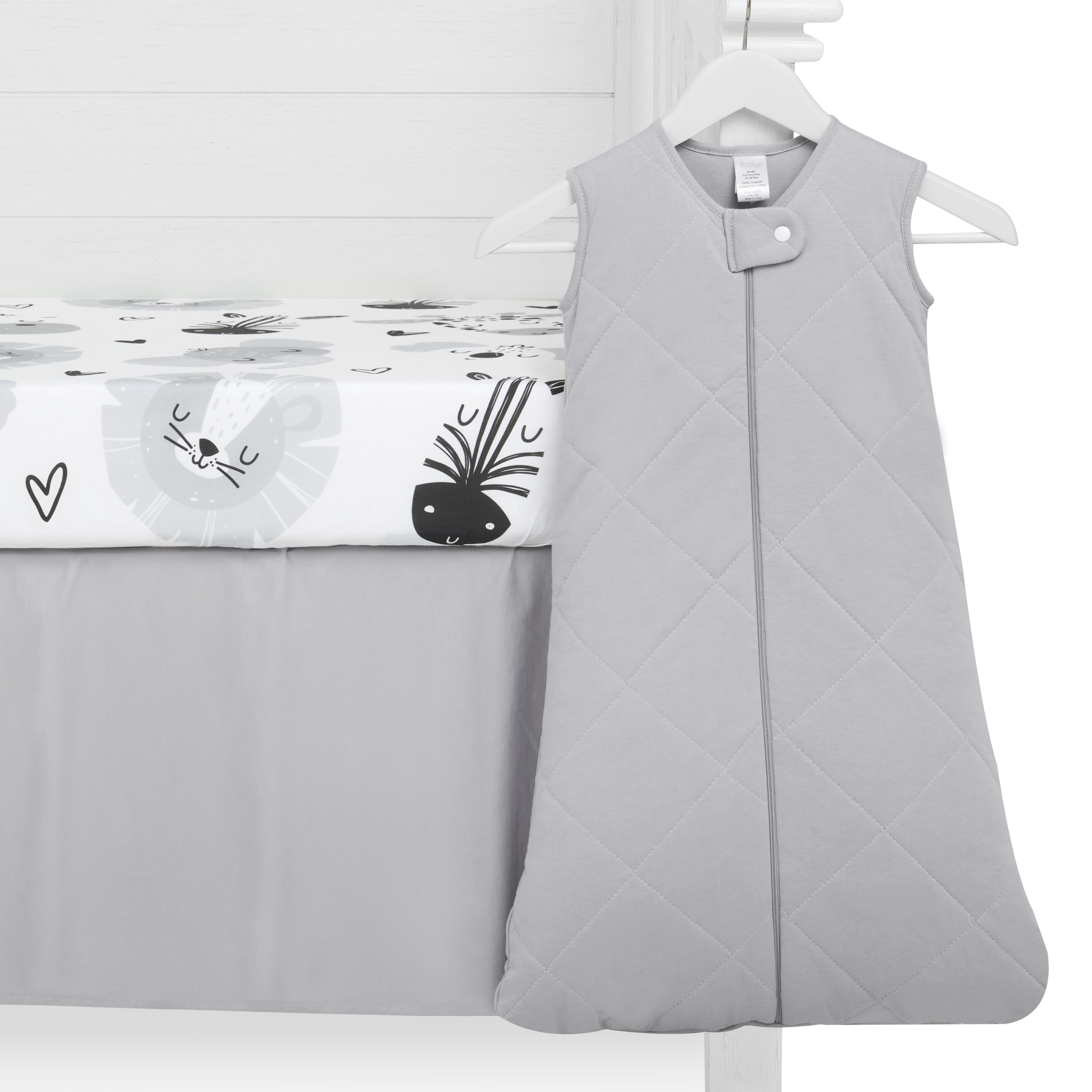 Evolur Zoo Love Collection 3pc Crib Set (Fitted Sheet, Snuggle Sack, Crib Skirt) inGlacier Grey & Animal Print
