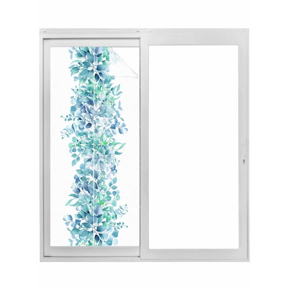Teal Blue Eucalyptus Leaves Window Privacy Film, Spring Summer Botanical Floral Static Cling UV Sun Blocking Tint Film Heat Control Windows Films for Bedroom Bathroom, Window Stickers 29.5"x78.7"