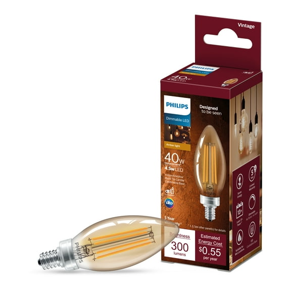 Philips LED 40-Watt B11 Filament Light Bulb, Amber, Dimmable, E12 (1-Pack)