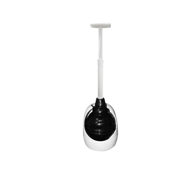 Korky BEEHIVE Max® white toilet plunger with black rubber cup stored in matching white holder