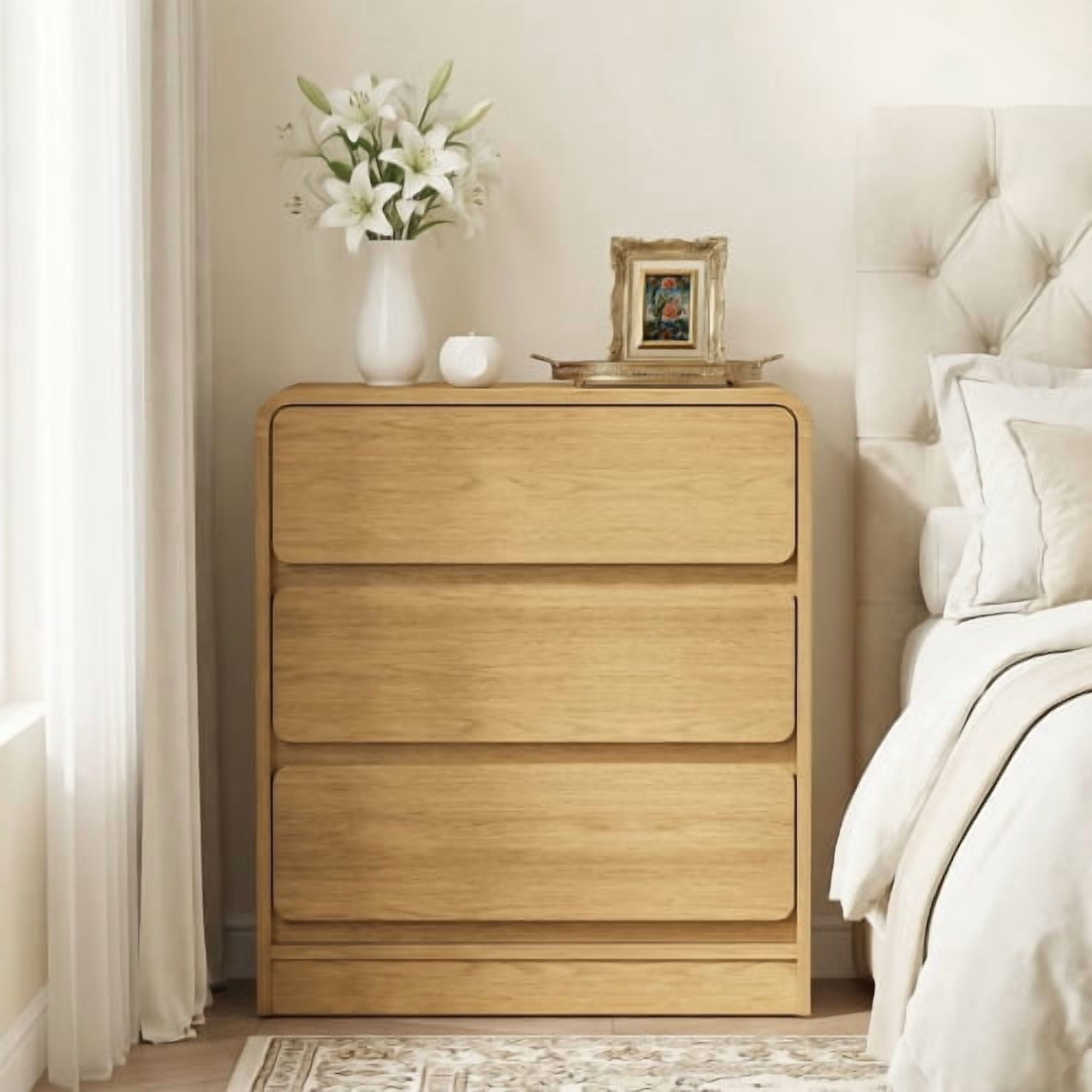 Wood 3-Drawer Nightstand Set of 2, Modern Multi-Purpose Side Table with Anti-Tip Kit, Natural