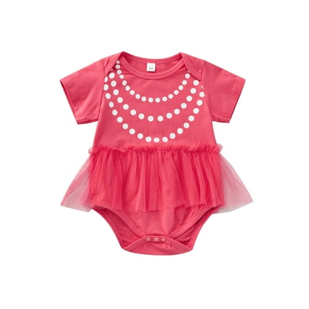 

wdehow Baby Girl Romper Dot Print Short Sleeve Round Neck Mesh Embellishment Bottom Snap Button Cute Jumpsuit
