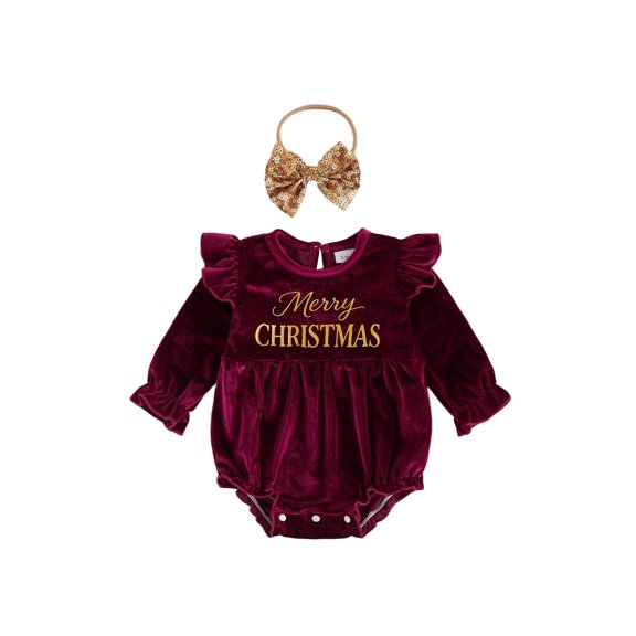 Cjfdfy Newborn Baby Girl Christmas Outfit Letter Print Crew Neck Long Sleeve Romper and Sequined Bow Headband 2 Pcs Set Infant Girl Merry Christmas Velvet Romper 0-18M