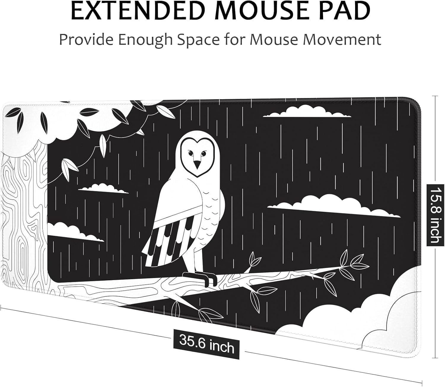 Ultra Large Gaming Mousepad, XXL Extended Full Size Desktop Matt for Keyboard, Laptop & Computer, 35.5 x 15.7 in, Gothic Black White Owl