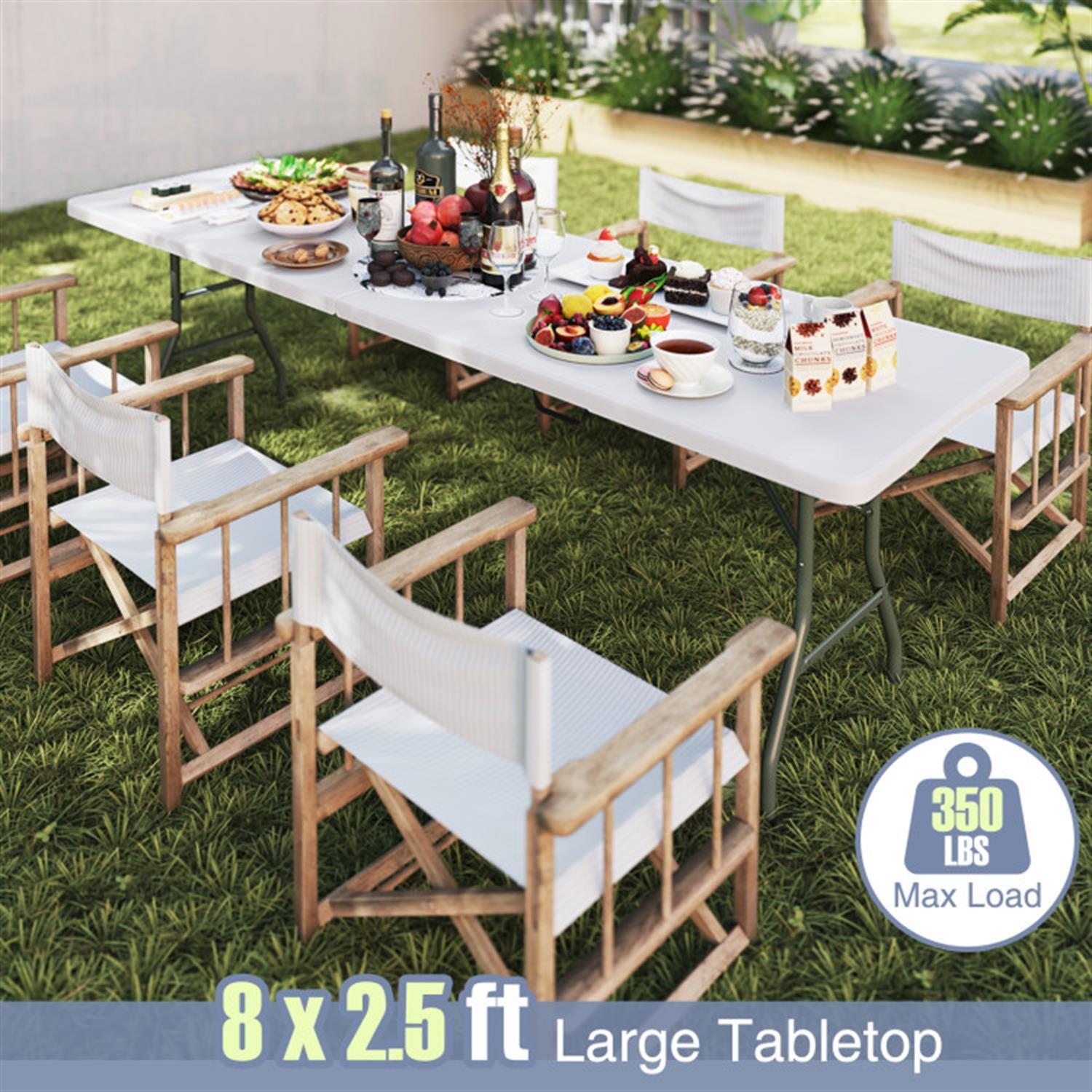 Demi Bonn 8 ft Portable Folding Table 350S Fold-in-Half Table with HDPE Tabletop fordoor Outdoor, Plastic Dining Picnic Party Camping Table, White