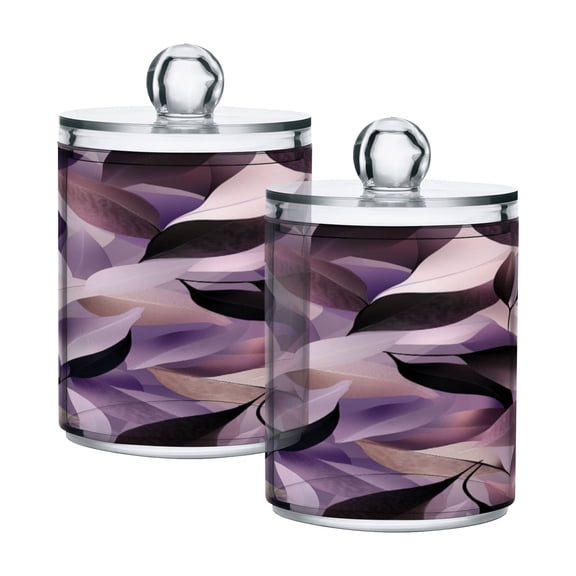 2 Pack Bathroom Canisters Transparent Storage Jar for Cotton Ball, Swab, Floss Purple Abstract Leaves
