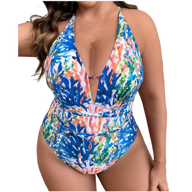 baikeli Women Plus Size Swimsuit One Piece Floral Tummy Control Bathing Suit Halter Modest Bathing Suit Beachwear Blue,L