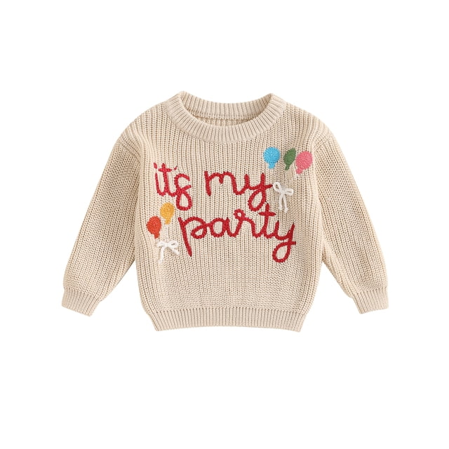 FOCUSNORM Baby Girl Birthday Knit Sweater Letter Balloon Embroidery Long Sleeve Pullover Tops for Fall Winter