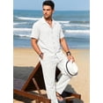 thumbnail image 2 of RICHCOIN Men 2 Piece Linen Outfit Beach Button Down Shirt Casual Loose Pant Sets, 2 of 7