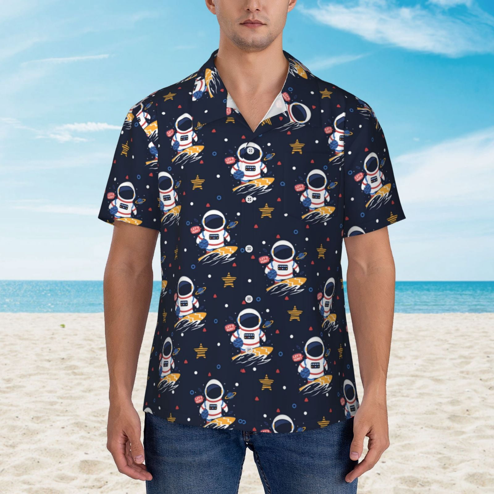 Gukieu Astronaut Surfing Print Men's Short-sleeved Shirts, Button-down Lapel Hawaiian Shirts, T-shirts, Beach Vacation Summer Casual Wear,3X-Large