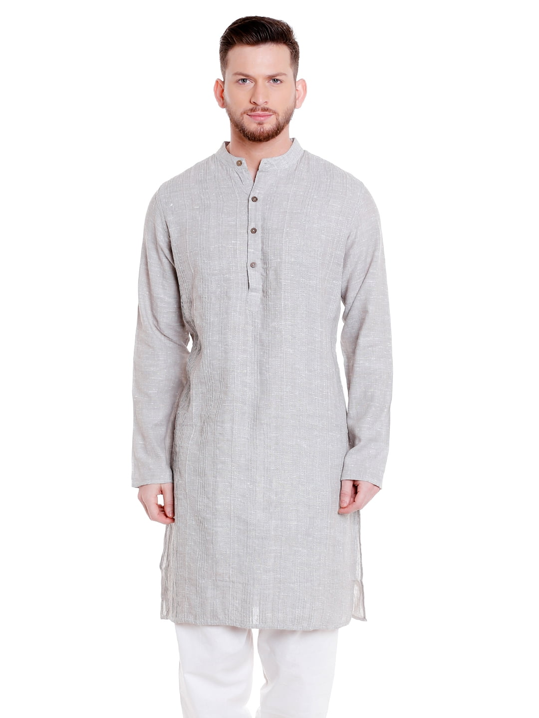 Shatranj Men's Indian Banded Collar Cotton Kurta Tunic with Vintage Pintucks; Grey