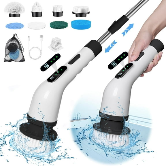 Electric Spin Scrubber, IC ICLOVER Cordless Shower Scrubber with Long Handle, 8 Scrub Brush, 3 Speed, Battery Level Display, Power Scrubber for Cleaning Bathroom Kitchen Bathtub Tile Floor, Black