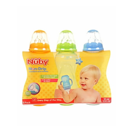 Nuby 3-Pack Non-Drip Standard Neck Bottles (10 oz.) - lime/blue one size